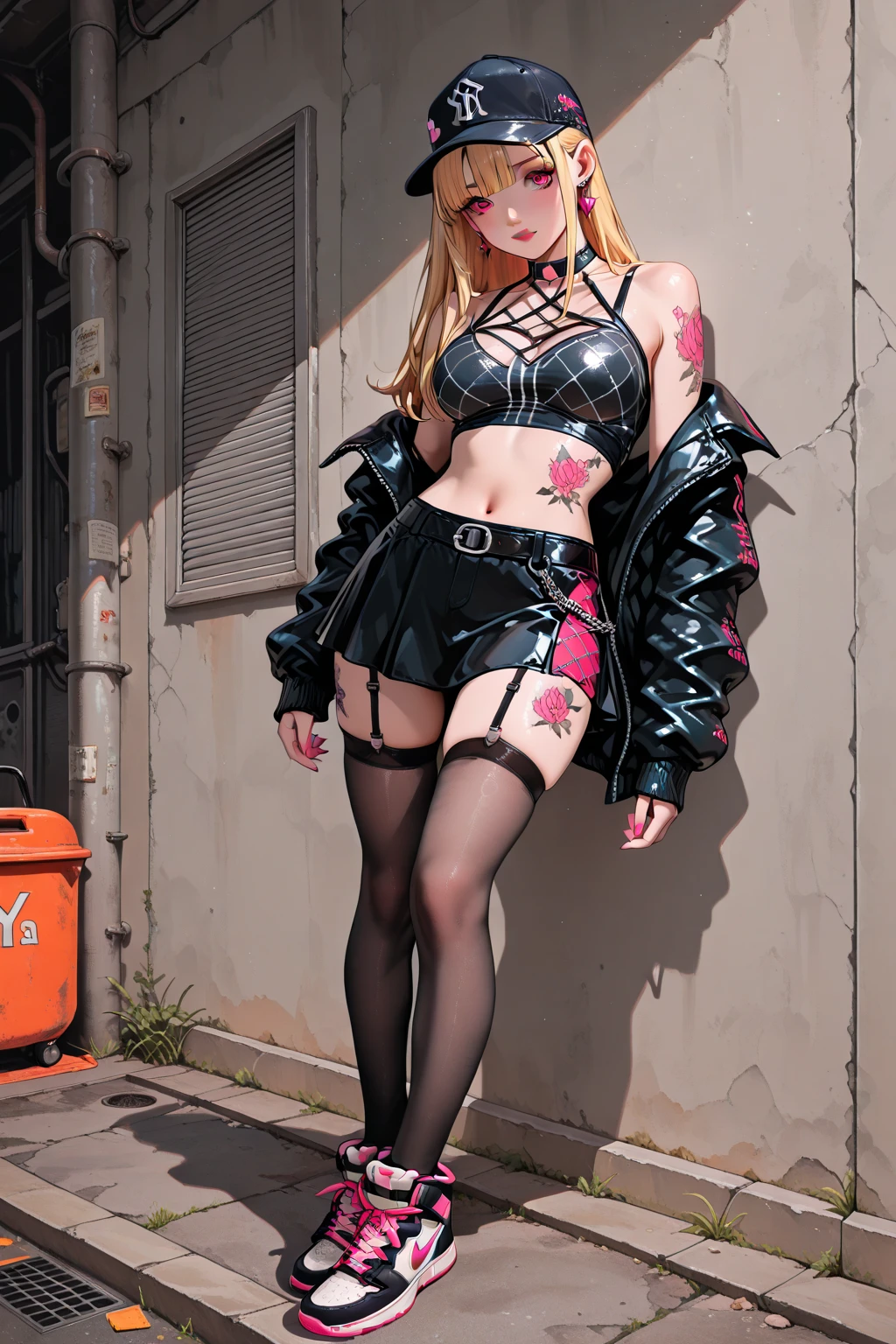 (8K, Highest quality, masterpiece:1,2), (Realistic, Photorealistic:1), Super detailed, One Girl,), (Very detailed), (Beautiful and detailed eyes), (Highest quality), (Very detailed ), (masterpiece), (Detailed face),20-year-old, ,1 Girl, ((Pink Hair,Long Hair)), Medium chest, Dressed, Perfect lighting, (red leather bondage jacket), (black lace bodysuit), (Transparent Plastic Crop Top), (Sheer black lace mini skirt:1), , (Detailed bondage features:, (Red fishnet stockings), (High heels), (Leather Choker), ((Relax Pose), (NSFW:1.0)