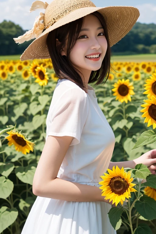 qulity, A hyper-realistic, (realisitic:1.3)、top-quality、超A high resolution、SLR、Instagram、Very delicate、Overchest Shot、Look at viewers、Reaching out pose、japanes、A dark-haired、Black eye、Free hairstyle、a straw fedora hat、
Realistic Girl、Cute little girl s、smiling face
E Cup Big、slim figure、18 year old beautiful girl、a baby face、 tank top、Denim shorts、suns、sunflowers fields