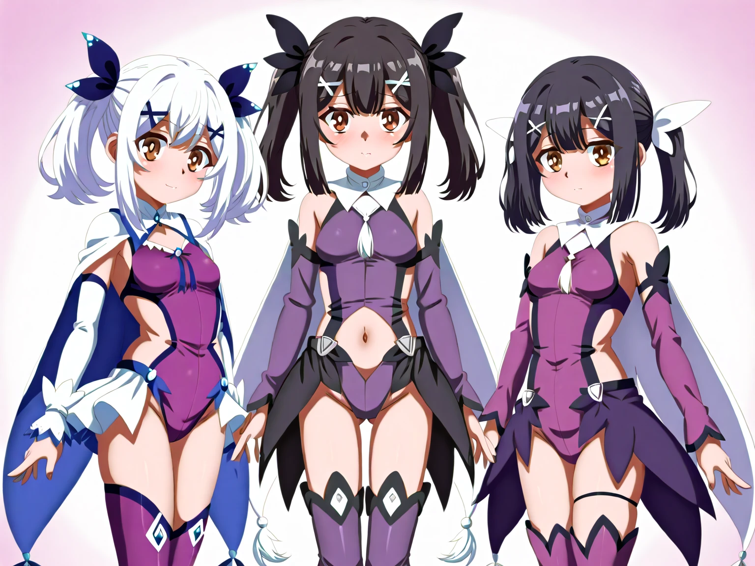 masterpiece, best quality, 3 girls, variety of hairstyles, high fantasy costume, ((white background)), full body, multiple views, leotard, succubus, dragon horn, detached sleeves,