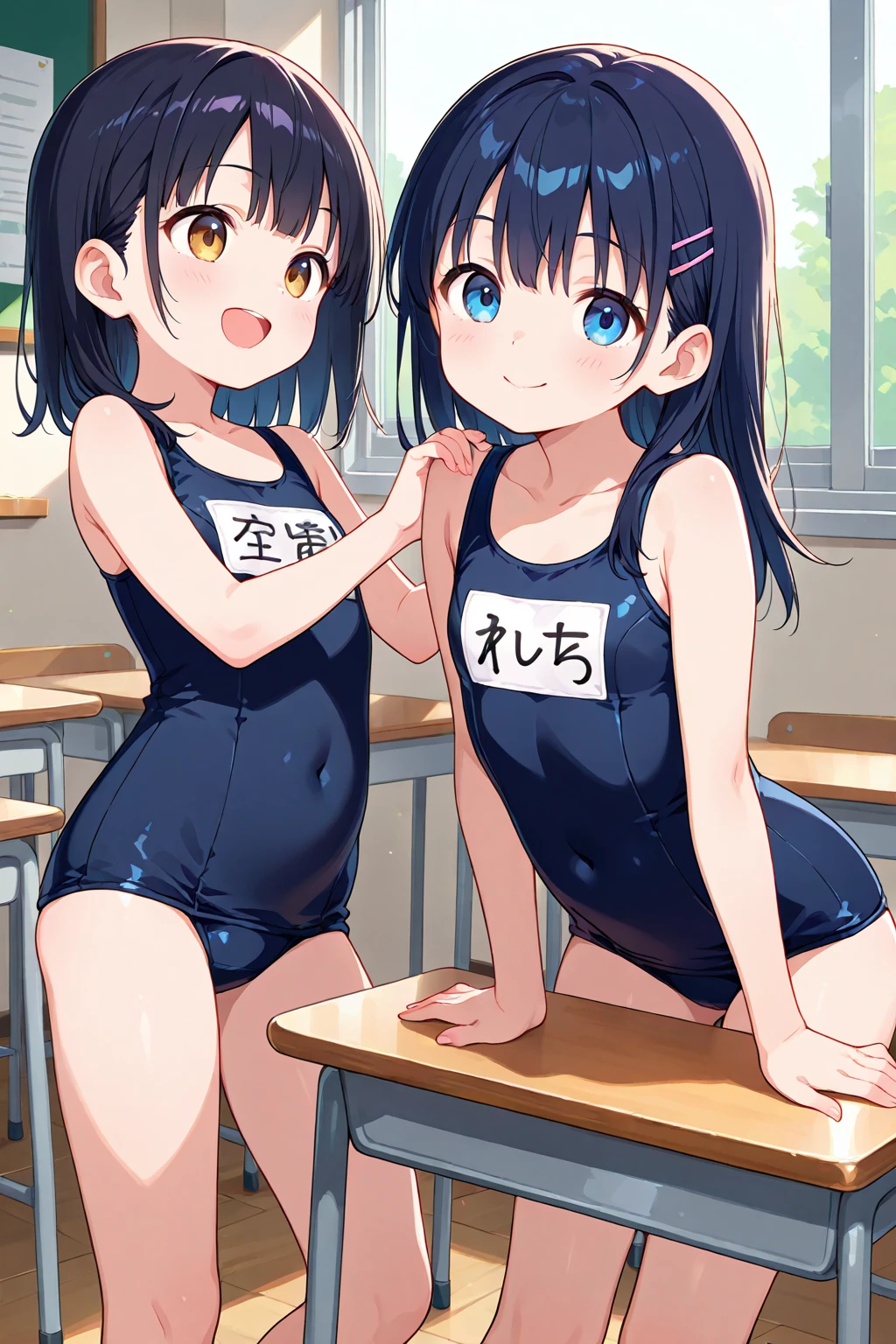 (highest quality), (masterpiece), 1080p, hd, 4k, 8K, 2 girls, strap slip, show off nipple, bustes press, classroom, Small and large breasts, Nipple exposure, ((school swimsuit )), embarrassed, ((Sweat)), classroom, Shoulder Bare, ((cleavage)), smile, exposing nipples, Low angle, black hair, Pigtails, blunt bangs, Thigh-high socks, 18-year-old, night