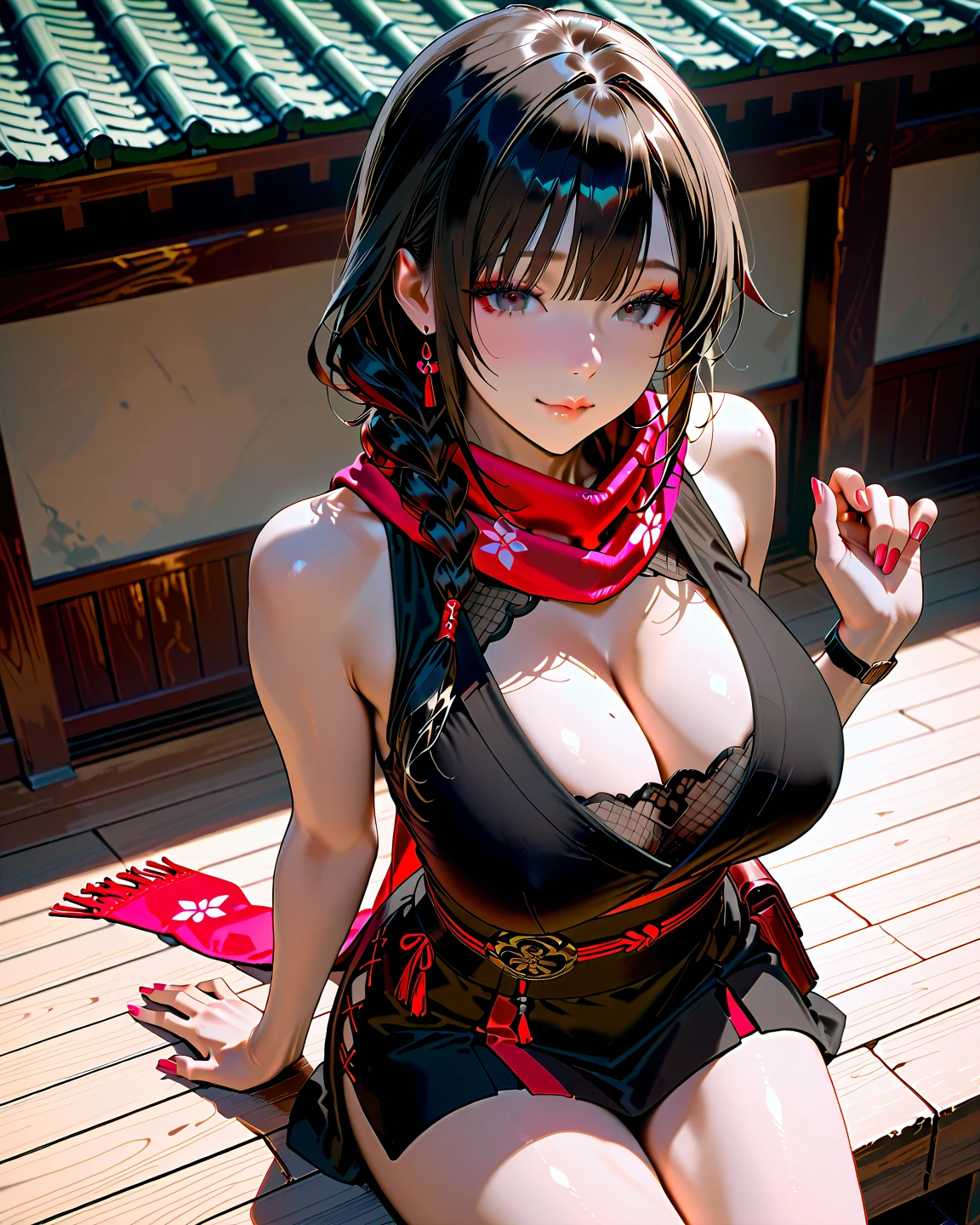 (dynamic angle:1.3, front view:1.1, breast focus:1.3, from below:1.2), (dynamic posing:1.5, sexy posing:1.2, leaning forward), (seductive smiling:1.3),(*K) HD, highest quality, Anime style beutiful woman, 1girl,fullbody, happy, (with sparkling eyes and a contagious smile:1.2), red face, closed mouth, beautiful detailed eyes, super detailed skin, backlighting, bare shoulders, black background, black dress, black gloves, silver hair, breasts, dress, earrings, fingerless gloves, floating hair, floral print, flower, gloves, gold earrings, gold hairband, hair flower, hair ornament, hairband, holding, holding two-hands weapon, jewelry, large breasts, long hair, looking at viewer, off-shoulder dress, off shoulder,red eyes, short hair with long locks, sidelocks, solo, spikes, thighs, two-sided dress, two-sided fabric, weapon, fighting stance , face, close up, from above, highest quality, high resolution,Real World, Natural light,perfect Natural light,looking at viewer,
