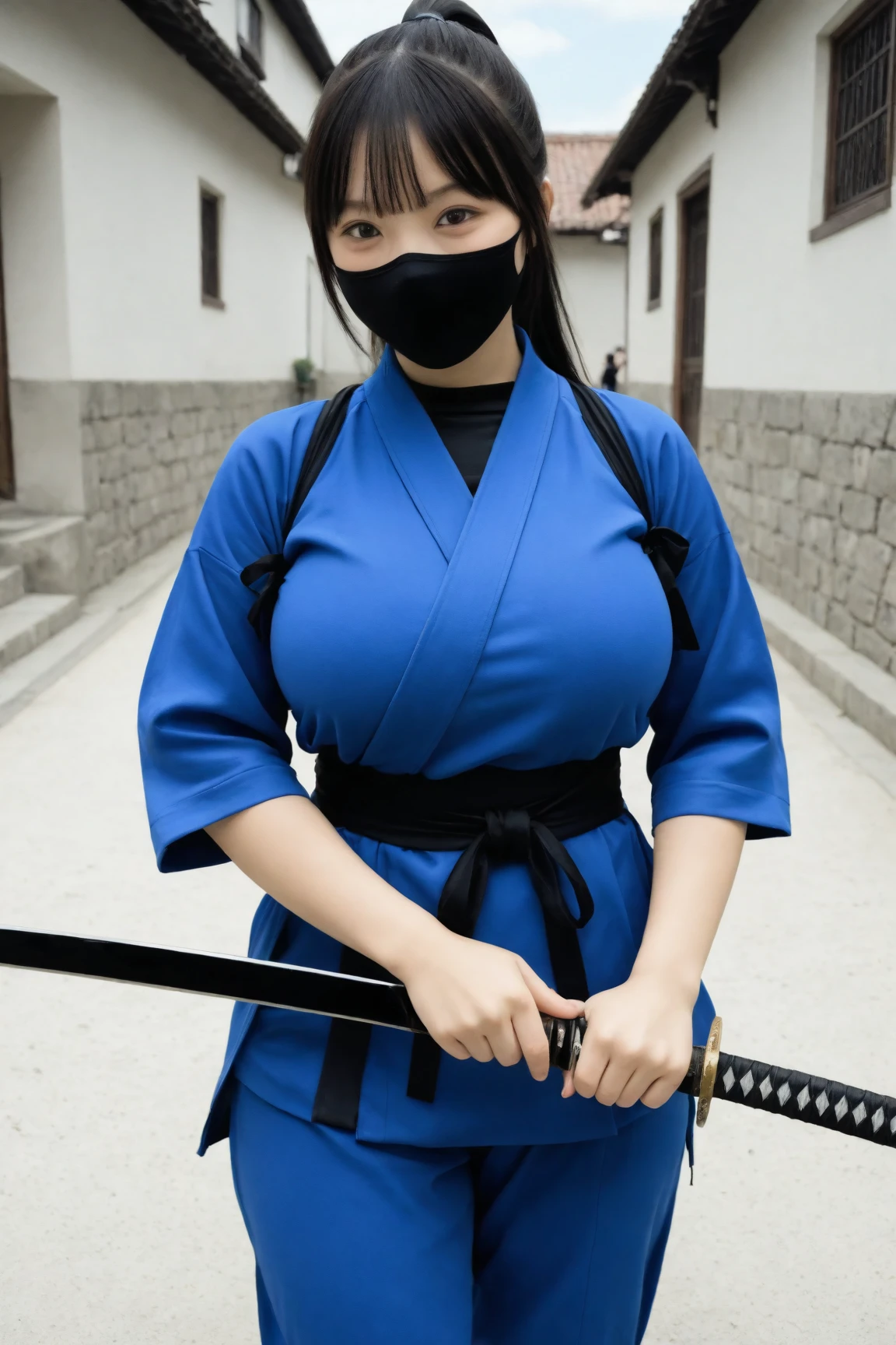A female ninja is tied up with rope。Being tortured。Long Hair、hair is disheveled、The face shows humiliation、