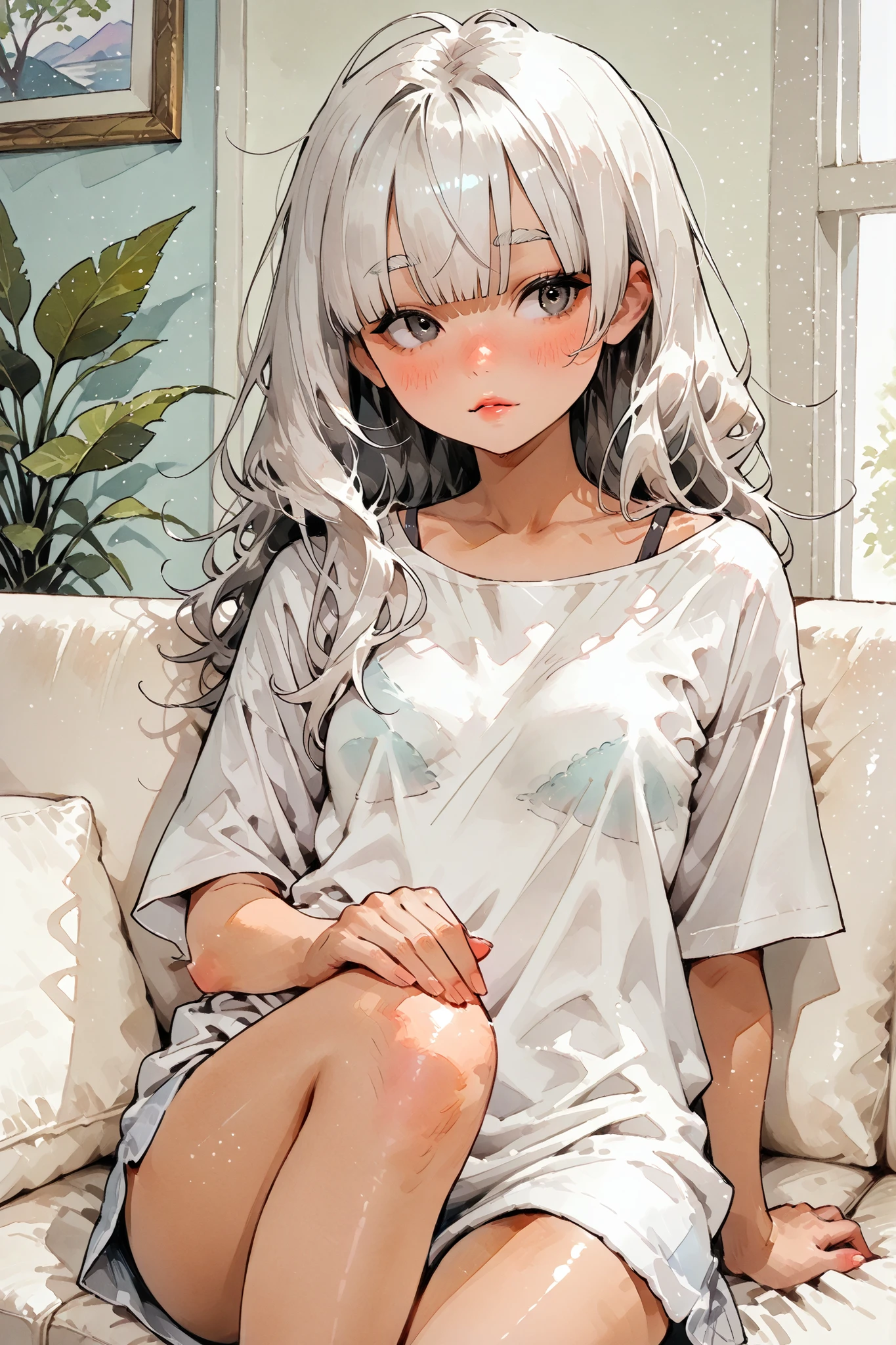 (Girl relaxing in her room),
1girl,Super Detailed,absolute resolution,(dynamic angles),(tanned skin:0.5),(portrait),(pinup),((cowboy shot)),
sitting on sofa,reclining,knee up,hand on own knee,
(Plain white oversized T-shirt:1.5),,(untucked T-shirt:1.3),(((clavicle))),(bra strap:1.3),skyblue  board shorts,,
detailed and beautiful face and eyes,dark gray eyes,,(Freckles:0.7),(Thick lips:0.3),[chapped lips],Thick eyebrows,Japanese girl,small breasts,(round nose:0.5), 
white hair,long hair,blunt bangs,hair over both eyes,(messy hair:0.7), 
(blush:0.8),(nose blush:0.8),,(parted lips:0.6),watercolor Background,Watercolor anime,


