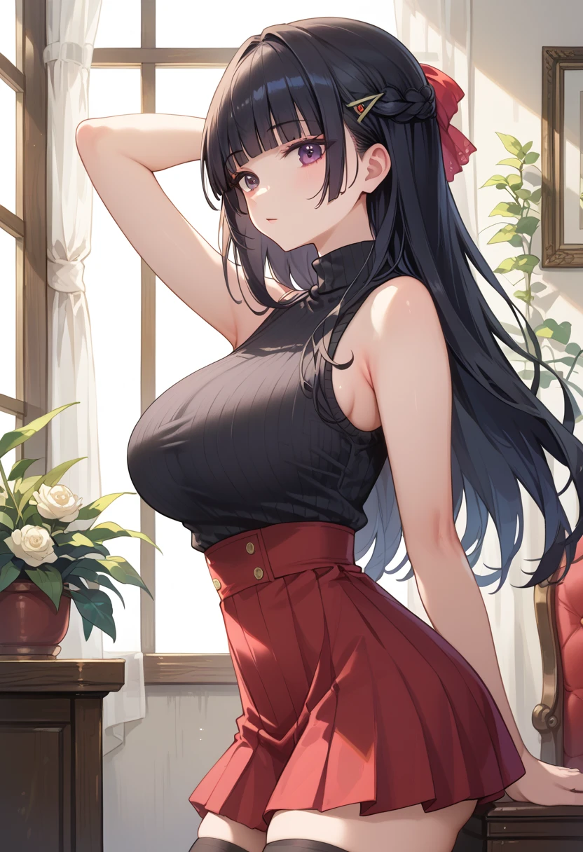 A woman with big ，Black long hair，twintails，Exquisite，Red ribbon，sleeveless，Loose collar，Slim waist，pubic，blush，bedroom，A cute daughter，
