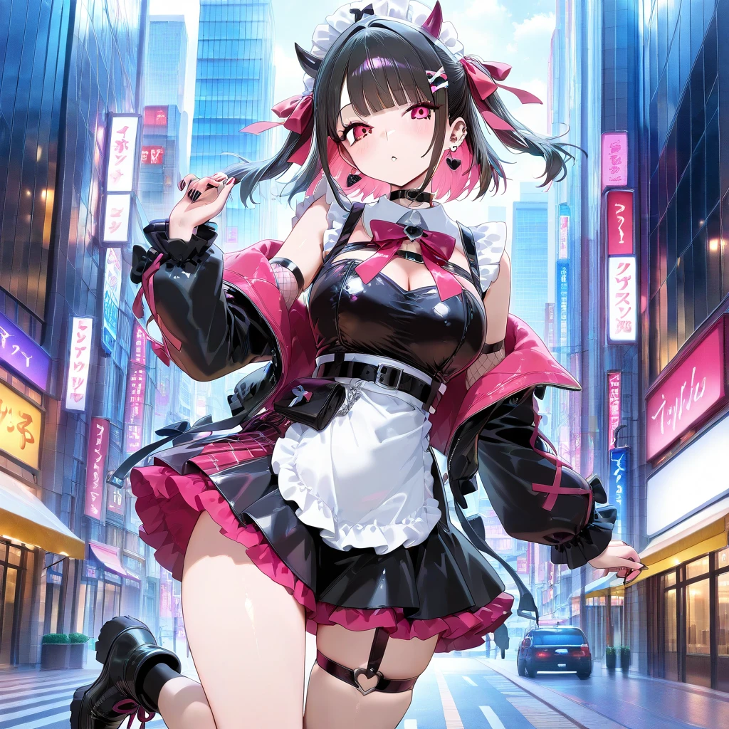 Adult female, wear corset maid dress, stocking, perfect face, beautiful eyes, black long Hair in two pigtails, standing On top of the building, Night in cyberpunk city Chinese version with lights, Wearing a headband, black eyes, variation angle