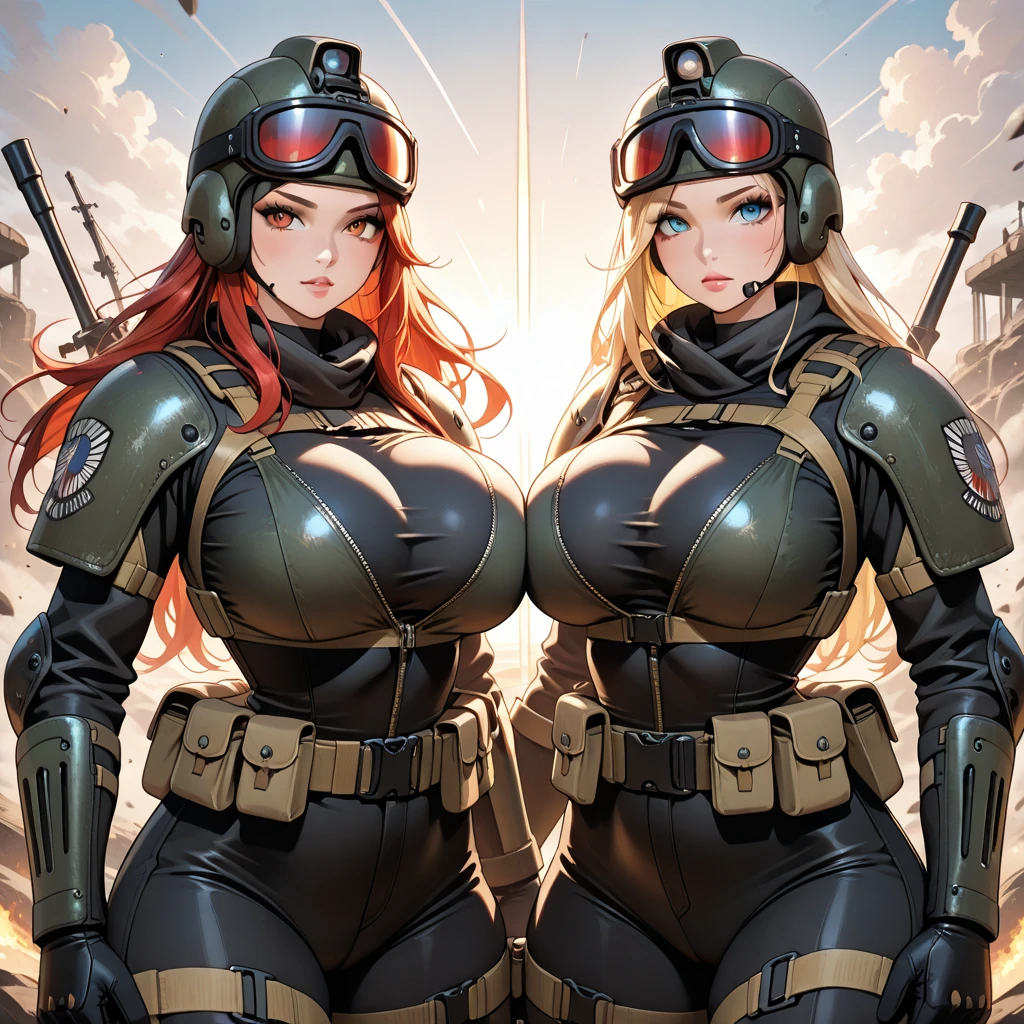 (best quality,highres,ultra-detailed,realistic:1.37), busty mercenary, teasing pose, cute face, huge breasts, sexy combat outfit, ammo belt, weapons, leaning on war wagon, full body, illustrations, studio lighting, intense colors, sharp focus.