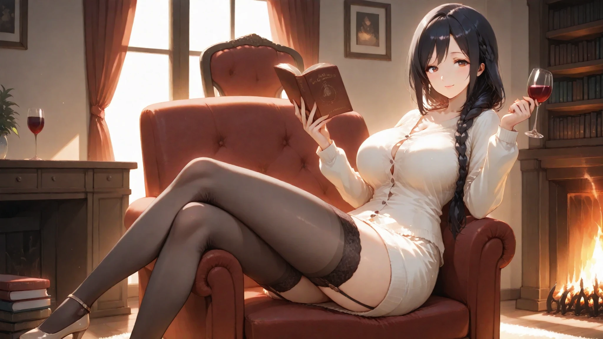 best quality,masterpiece,Ultra-high resolution,photoactual:4：0,Demon Palace Academy Park,Albedo,long hair shawl,Devil's Horn,Big breasts,shirt clothes,mini skirt,holding book