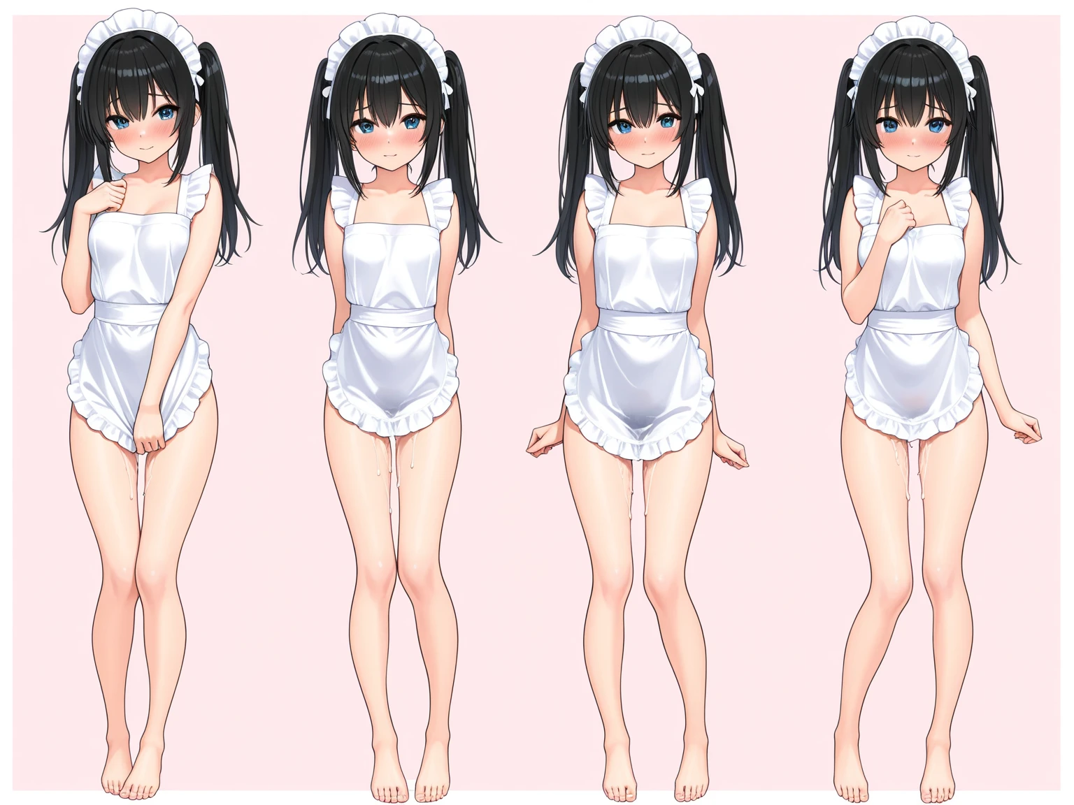 ((masterpiece, best quality, ultra detailed, high resolution, 16k, )), full body, 14 yo, cute face, beautiful perfect body, slender body, tanned glossy skin, long hair, black hair, twin tails hair, hair band, ((flat chest,)), nude, pussy, ((show off nipples, )), relaxed, white waist apron, kitchen, 