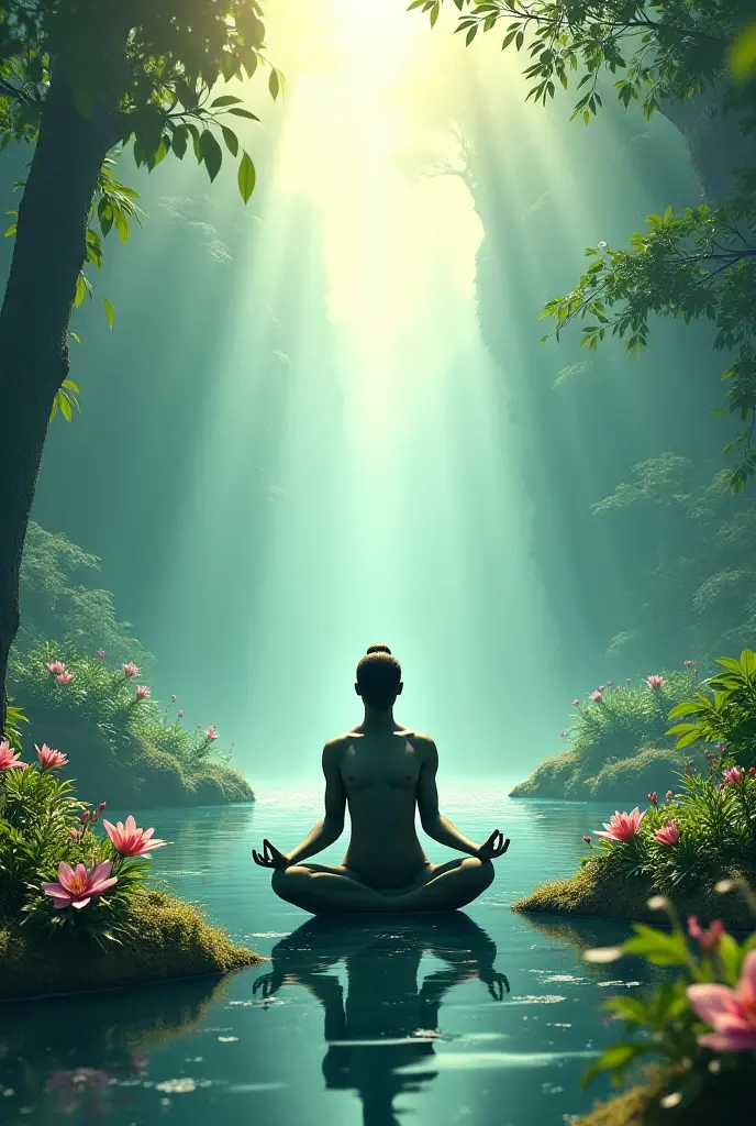 Scene 1: Lord Vishnu sitting in a serene forest, meditating deeply. His eyes are closed, and there is a soft glow around him, indicating his divine aura. The background is filled with lush greenery, flowers, and a calm river flowing nearby. The atmosphere is peaceful and spiritual.