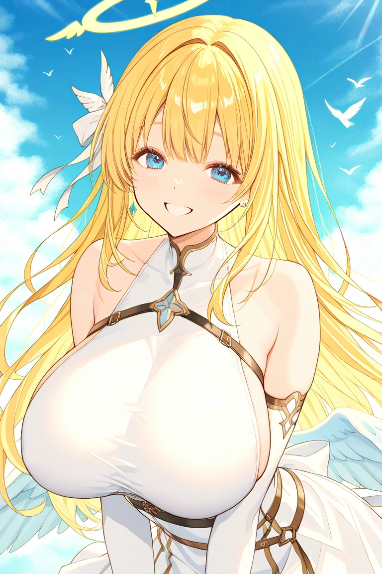Showing the whole body Cute Baby face Big breasts Flying in the sky White simple dress Long hair Angel Blonde Yellow eyes