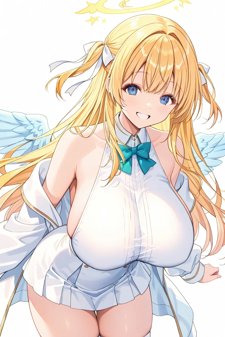 (((masutepiece, Rembrandt))), (Best Quality, photographrealistic, Hyper realistic, superfine illustration, 超A high resolution, Extremely detailed, Realistic background, Detailed background, Large_filesize:1.2), 

BREAK,



1 beautiful girl, girl with, (Cute:1.5),(Chibi:0.5),(kawaii:2.0),(Lori:2.0),(12 year old girl),(large full breasts:1.65),(Ahoge,High Ponytail,Blonde hair, blue bow, Green eyes,eyebrows visible through hair,side locks,Parted bangs,Long hair, Hair Flower, Hair Ornament, Big ribbon in the hair, Curly hair,Bow:1.4),:D,(Angel,White feathers, one white winged, Angel wings,Spread wings, Glowing wings),pitt \(??? Icarus\),gleaming skin, Clear skin, shining beautiful skin, Open mouth,Smile, Solo, tusk, Upper teeth,(long eyelashes, Double eyelids:1.2),Solo,gleaming skin, Clear skin, Beautiful skin,(best quality face),(Top quality glowing eyes),(The best smile,Doya face:1.45), BREAK (Pink Theme:1.4), (Vivid colors:1.3), charming figure,Eyes of the Sky,hypnotism,((Show your bra))、((pantyhose)),((a miniskirt),(Half-taken off blouse), hugging a teddy bear, Sparkle effect, random colored petals, Many petals, Fluttering petals, prismatic effects,

BREAK,(morning), inside in room,Gothic bedroom, a canopy bed,huge window,naked girl poster,coke,on  back, tusk, Open mouth, Looking away,depth of fields,

 BREAK,wakame,wakame,wakame,(Cowboy Shot:1.4), 

BREAK,(Blurry background:1.3),(absurderes, hight resolution, Super Detail Art),cel shading,Clear Color, Lonely optical effect, Beautiful pictures, Bright glow, mystic atmosphere,(Close-up of girl:1.1), Mystical light particle effect,manga influence, clean line drawings,