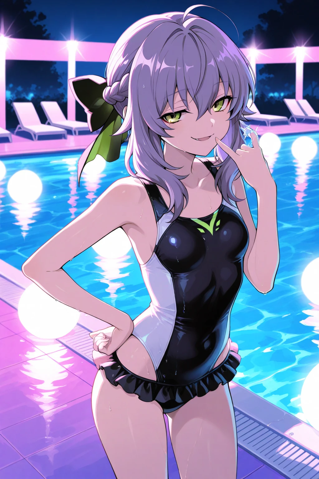 (((scrawny))),(((Wheat skin))),((high school student)),tanlines,(side ponytail,ahoge,One eye is covered by hair),((Purple Hair)),(fluorescent pink streaked hair),(Green Eyes),Slanted Eyes,BREAK,(Micro Bikini,latex,),Poolside,Green scrunchies,((Crouch,M-shaped legs))