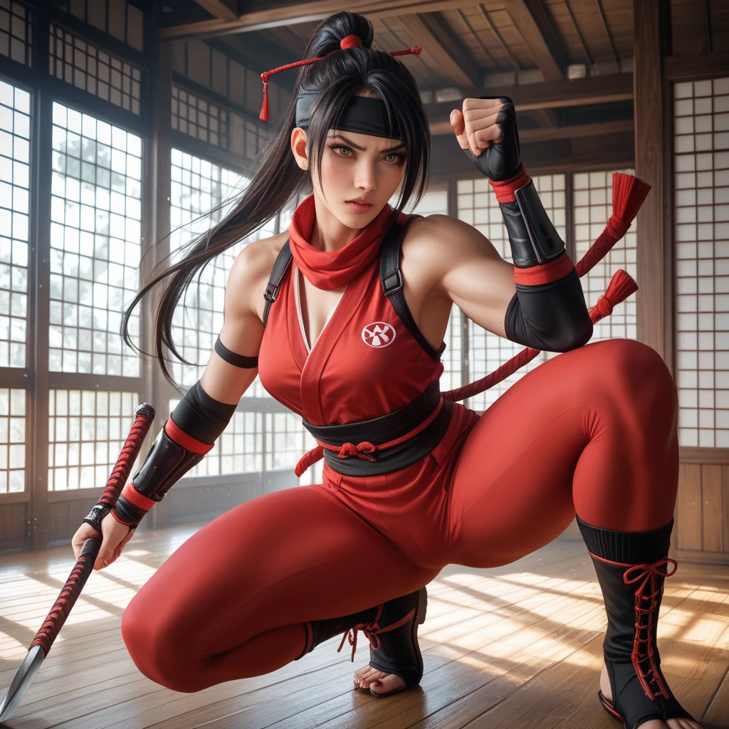 20 year old Japanese beauty，One woman、Muscular body like a bodybuilder、Emphasize the breasts、He wears a headband on his head、Slit eyes、A head-to-toe view，Bust is very very large、The background is a snowy country、High quality photos、Clear, crisp images of the lower body、Masterpiece 8k、Smiling、Is doing a high kick、From the front, from the side, from the back, etc.々from what camera angle to shoot、Light blue ninja costume