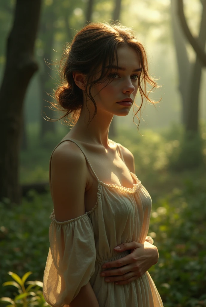 EmmaW_SoloTI_v1,PA7_Portrait-MCU, (modern photo, Flowing maxi dress in muted tones, delicate lace details, minimalistic jewelry:1.1), closeup portrait, 85mm, (analog, cinematic, film grain, hazy atmosphere:1.3), (( Tranquil lakeside backdrop, misty mountains, soft sunlight casting a melancholic ambiance:1.2)), detailed eyes, (seductive), (cinematic shot:1.3), <lora:add_detail:0.5> ,<lora:LowRa:0.2>
