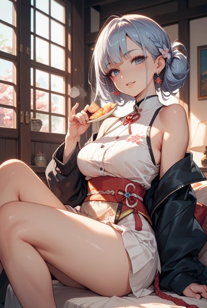 (masterpiece:1.2, highest quality), (realistic, photorealistic:1.4), beautiful illustrations,
looking at the viewer, whole body, Front view:0.6,
1 female, 20-year-old, Japanese, ((silver hair:1.5, chef hatに纏めた髪:1.5)), bangs, hair between eyes, ((height: 158cm, medium breasts:1.6, big ass))
beautiful hair, beautiful face, beautiful and detailed eyes, (shining purple eyes:1.3), beautiful clavicle, beautiful body, beautiful breasts, beautiful thighs, beautiful feet, beautiful fingers, perfect anatomy:1.3, perfect anatomy
(kitchen)
((costume:1.5, chef hat:1.4, choker:1.6)), red panties:1.6,
((Grasp the hem of the skirt with your right hand, put your left hand on your chest, sit with legs apart:1.3)),
(Look at the viewer while blushing:1.3), (forehead:1.6)