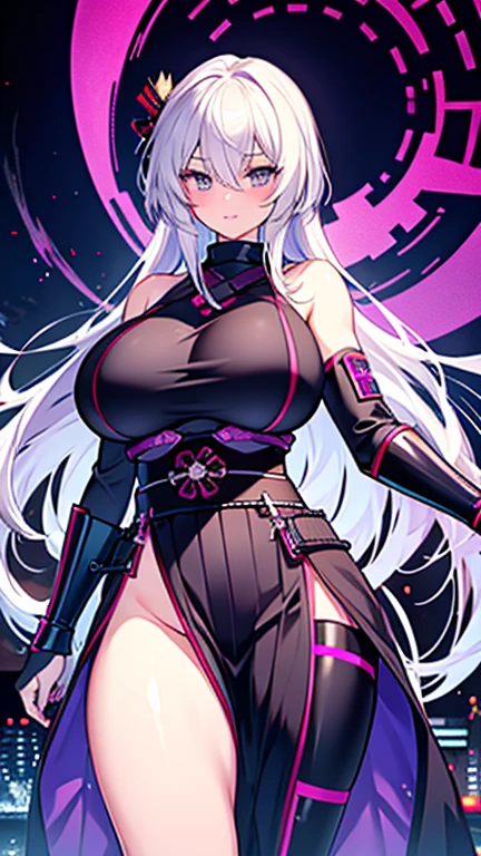1girl, white hair, large breasts, leotard, knife, red eyes, black leotard, neon trim, neon lights, glowing eyes