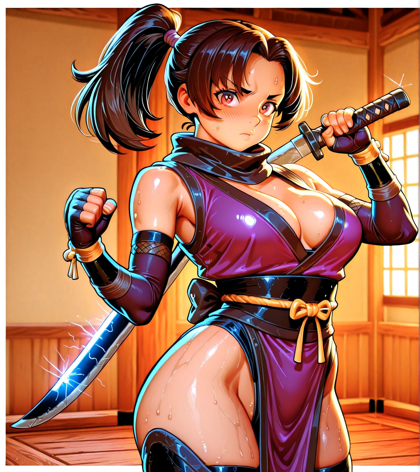 score_9, score_8_up, score_7_up, source_anime, 1girl, solo, juri han street fighters, exposed breasts, big breasts, stirrup legwear, one leg up, standing, tiptoe, bare feet, dojo