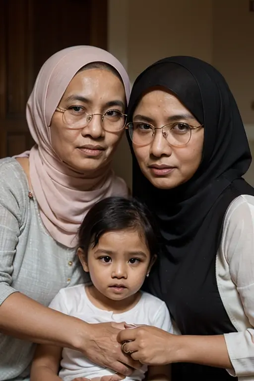Buatkan foto keluarga untuk lebaran. Keluarga dengan anak kembar laki-laki dan perempuan