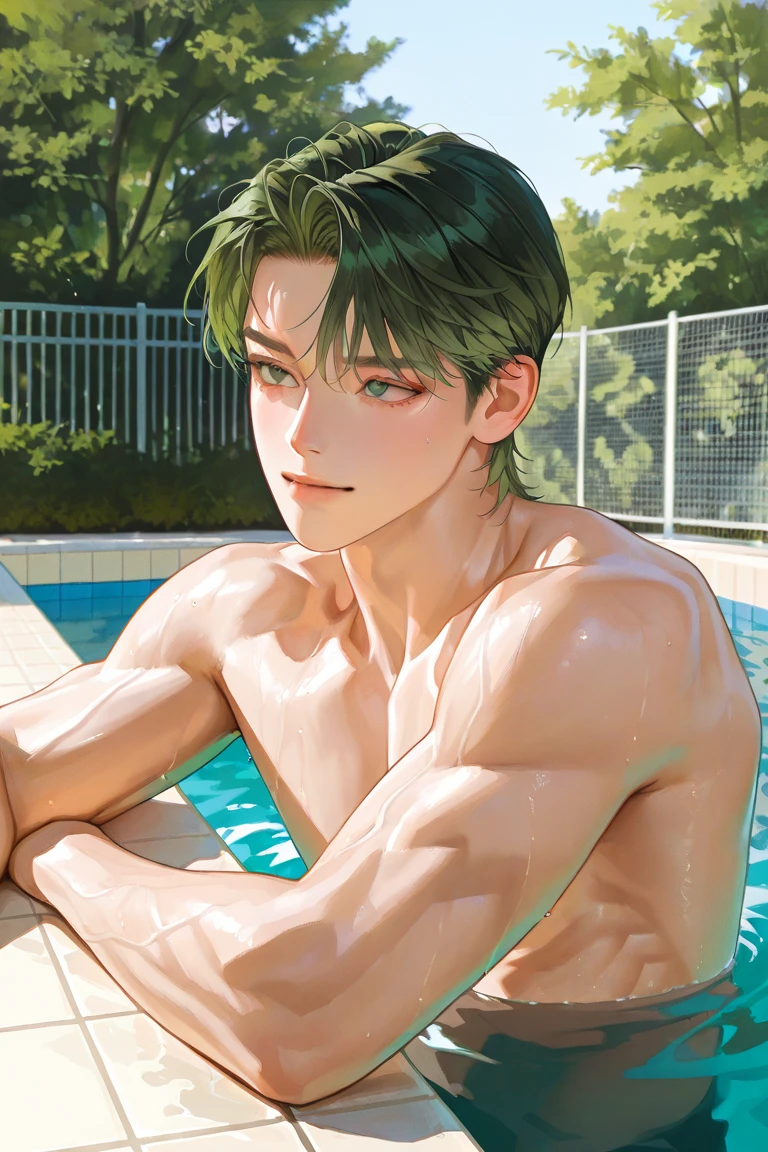 1boy, ((bara:1.5)), sport body, sexy, spread legs, detailed face, detailed hands, detailed legs, detailed fingers, detailed hair, detailed eyes, detailed skin, dynamic lighting, (detailed lighting:1.2), (detailed textures:1.3), (realistic lighting:1.2), realistic shadows, realistic skin, (photorealistic:1.4), 8k uhd, (hyper realistic), (photo realistic), (masterpiece), (best quality), body paint, small tiny black g-string, bare chest, flat chest, bare shoulders, small bulge, underwater, wide angle, swimming, athletic body, male, iridescent skin, perfect eyes, messy green hair , bio-luminescent