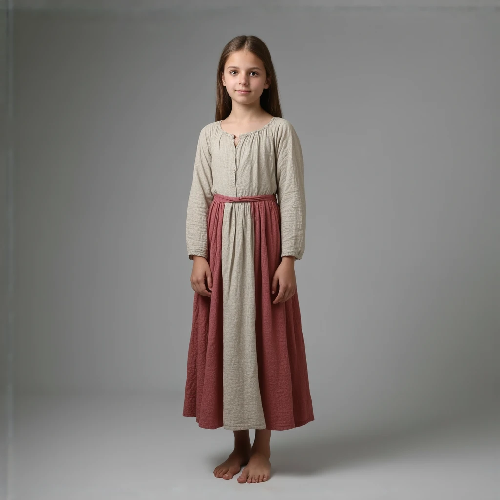 Jeune fille de 12 ans aux longs cheveux bruns et aux yeux verts pétillants. Elle porte une robe à fleurs violette avec des bottines marron et un gros livre sous le bras.