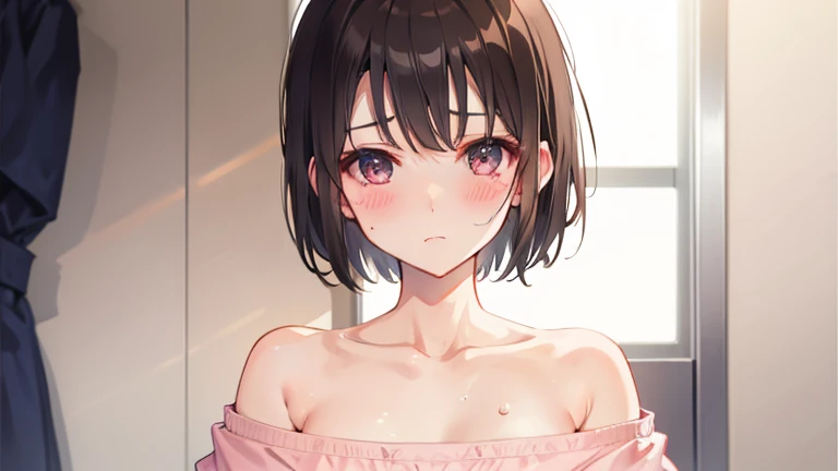 (head shot:1.2), (from above:1.2), frame in, from right in front of face and body, view straight on, upper body, High quality, very high res, High quality, very high res, cute girl, brown hair, forehead, blunt bangs, bob cut, blush, Brushed up bangs, wearing a plain t-shirt, shirt lift, medium breasts, pale pink nipples, I can see your belly button, (kneeling down pose), fellatio, pleated skirt, at office
