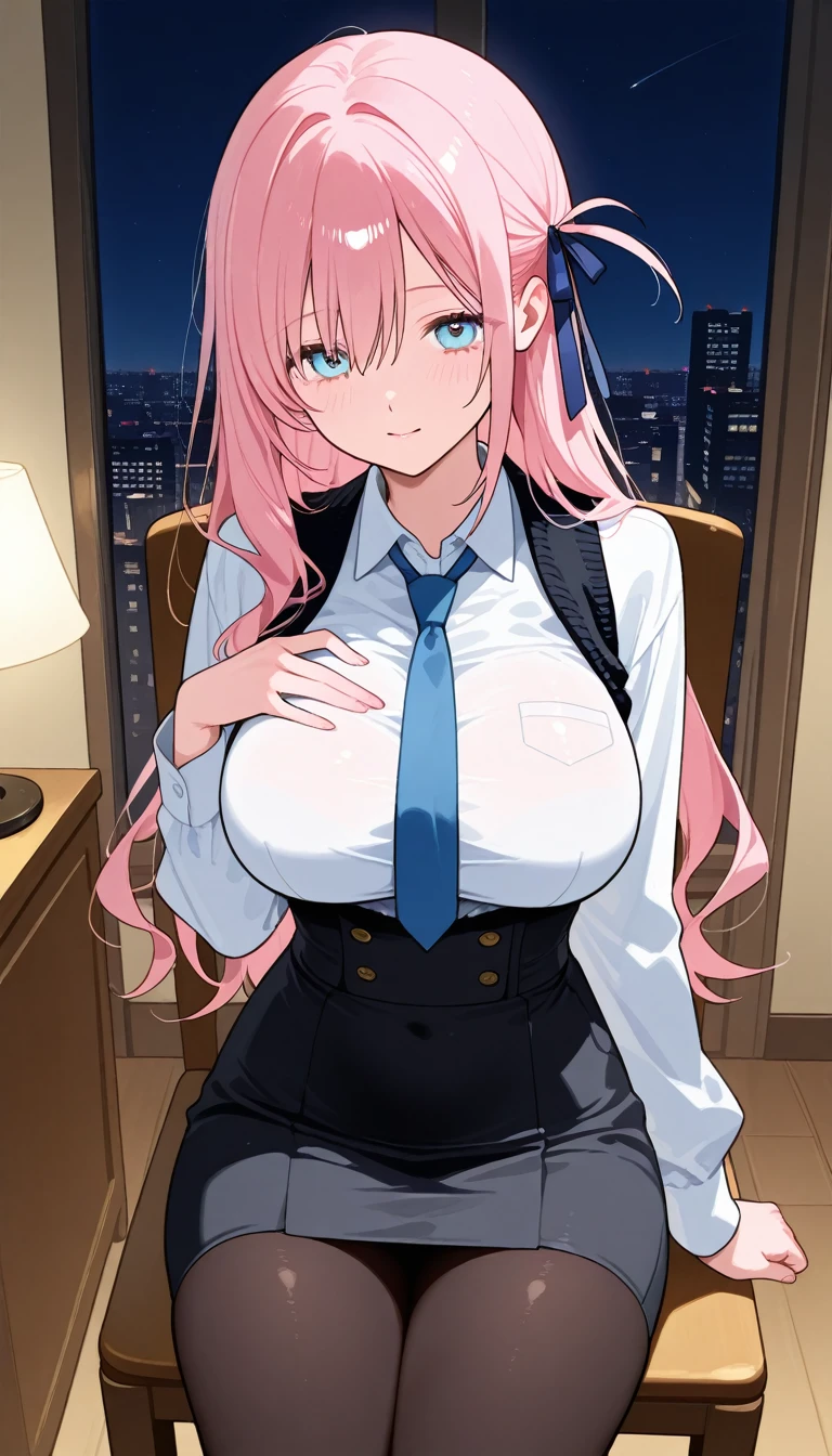 Best Quality,Detailed and cute eyes,Very cute face,(Solo Girl),(gigantic breasts:1.2),(Pink hair),(low twintails:1.4),Scrunchie,Big light blue eyes,Very happy smile,Open your mouth wide,View Viewer,BREAK,(Office Lady Costume,officeレディベスト,Wear a vest over a long-sleeved white collared shirt,Vest with buttons, tight black pencil skirt,Black Pantyhose:1.5),office,Cowboy Shot,(Sitting cross-legged,officeチェア,Dynamic Pose),