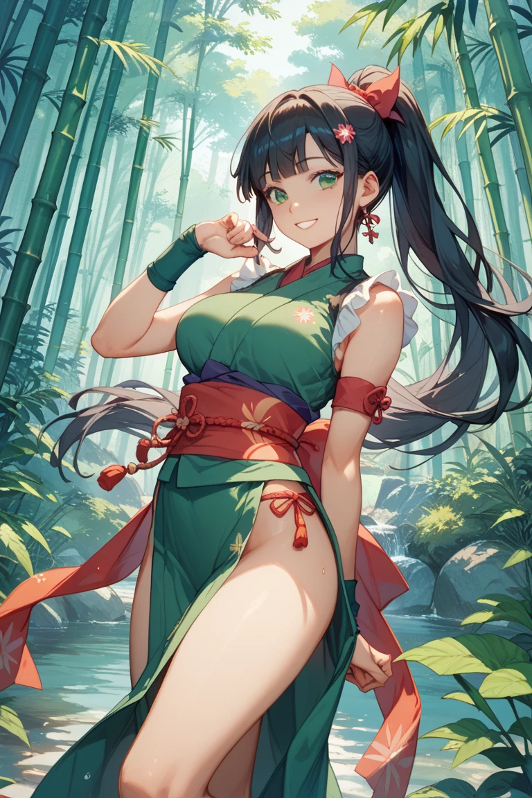 1 girl, top quality, Dragon Boat Festival girl, green skirt girl, zongzi, wearing green clothes in the water, showing her thighs, illustration, Dragon Boat Festival, painting of a girl in Hanfu, a boat near the bamboo forest, (bamboo forest: 1.21), (in the green bamboo forest: 1.12 ), river, flowers, spring green, bright background, blank top of frame, no blur, silhouette (panorama: 0.5), depth of field, anime, 2d, extremely beautiful and delicate anime face and eyes, calm expression, charming eyes , poised pose, high heels, shut up, white skirt, smiling, leaning against the wall, back against the wall, pink flowers and green leaves, (with bare long legs: 1.21), pink flowers on the wall, looking at the viewer, small eyes , black eyes, forehead, black hair,