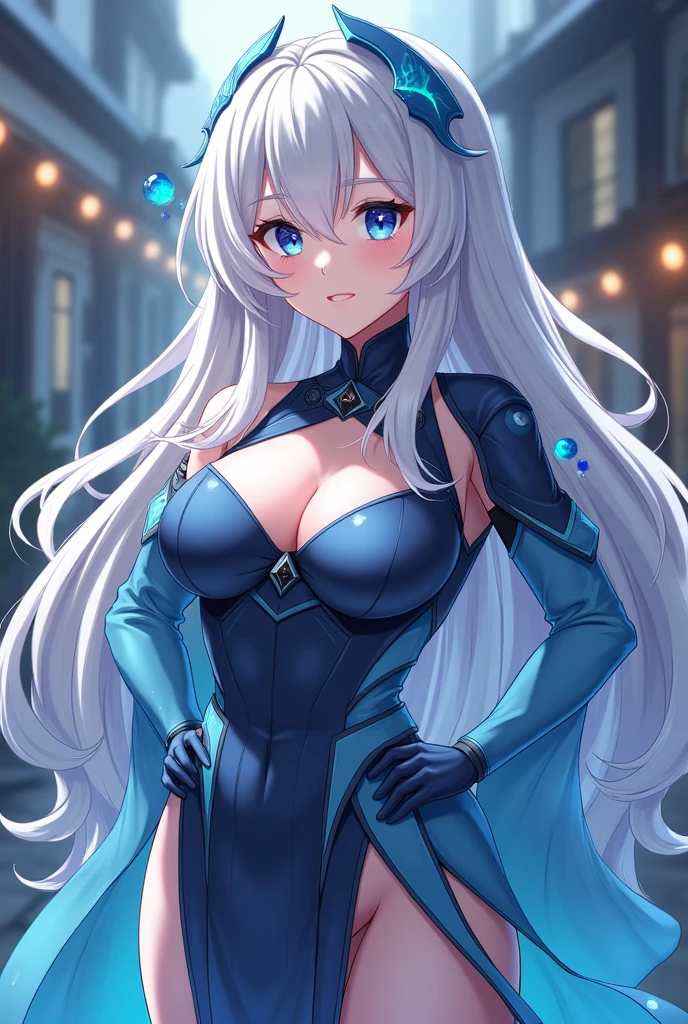 Silver long hair、Deep blue eyes、woman、美しいwoman、Large Breasts、Blue and black rubber suit、Outdoor、During sexual intercourse、orgasm、Rubber suit with hidden curves(100-60-78cm)、he is short、High school girls cosplaying、Embarrassed face