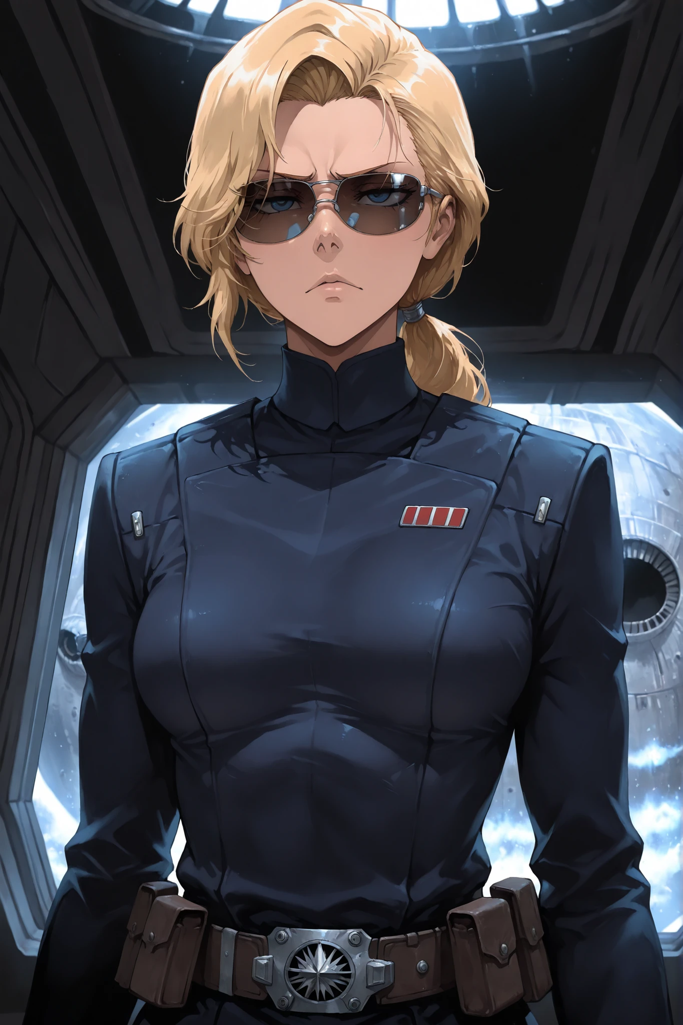 Masterpiece, 1girl, highly detailed, character, Star Wars, beautiful woman, athletic body, blonde hair, low ponytail, toned, , blue eyes, tsurime eyes, narrow eyes, stern expression, fair skin, Imperial officer wearing a dark blue uniform, greatcoat, utility belt, sunglasses, upper body shot, Death Star interior, Bleach art style