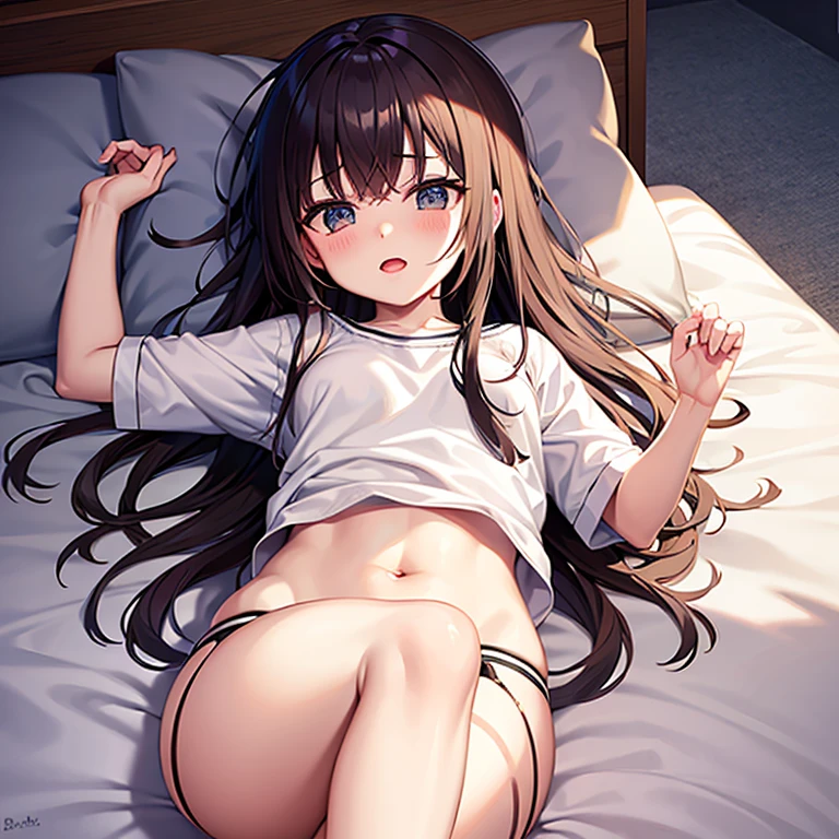 (((Highest quality、8ก、Masterpiece:1.3))、sharp:1.2、perfect body beauty:1.4、Medium bust、Highly detailed facial and skin textures、Detailed eyes、(Lie on your side on the bed..、Lift your legs..、open legs:1.3)、Wet clothes、Wet see-through clothes、 Light red lingerie、The areola can be seen..、right、The pubic shape is clearly visible.