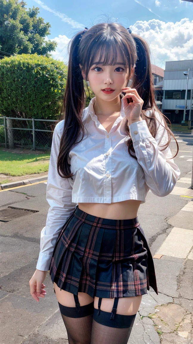 beautiful girl,Curvy,Beautiful breasts,Large Breasts,Whitening skin,(Pointed Chest),(Erect nipples),(Realistic:1.2,8K,Ultra HD,High resolution,Highest quality,masterpiece),(ponytail:1.2),(Thinning hair:1.8),(Straight hair:1.5),(length, sleek bangs:1.5),((high school girl,High School Uniform,Plain white shirt, Checkered Pleated Skirt,Plaid ribbon,school bag)),(commute,Shibuya Station),(View from below:1.0),Wicked Smile,(Rounded hip line)