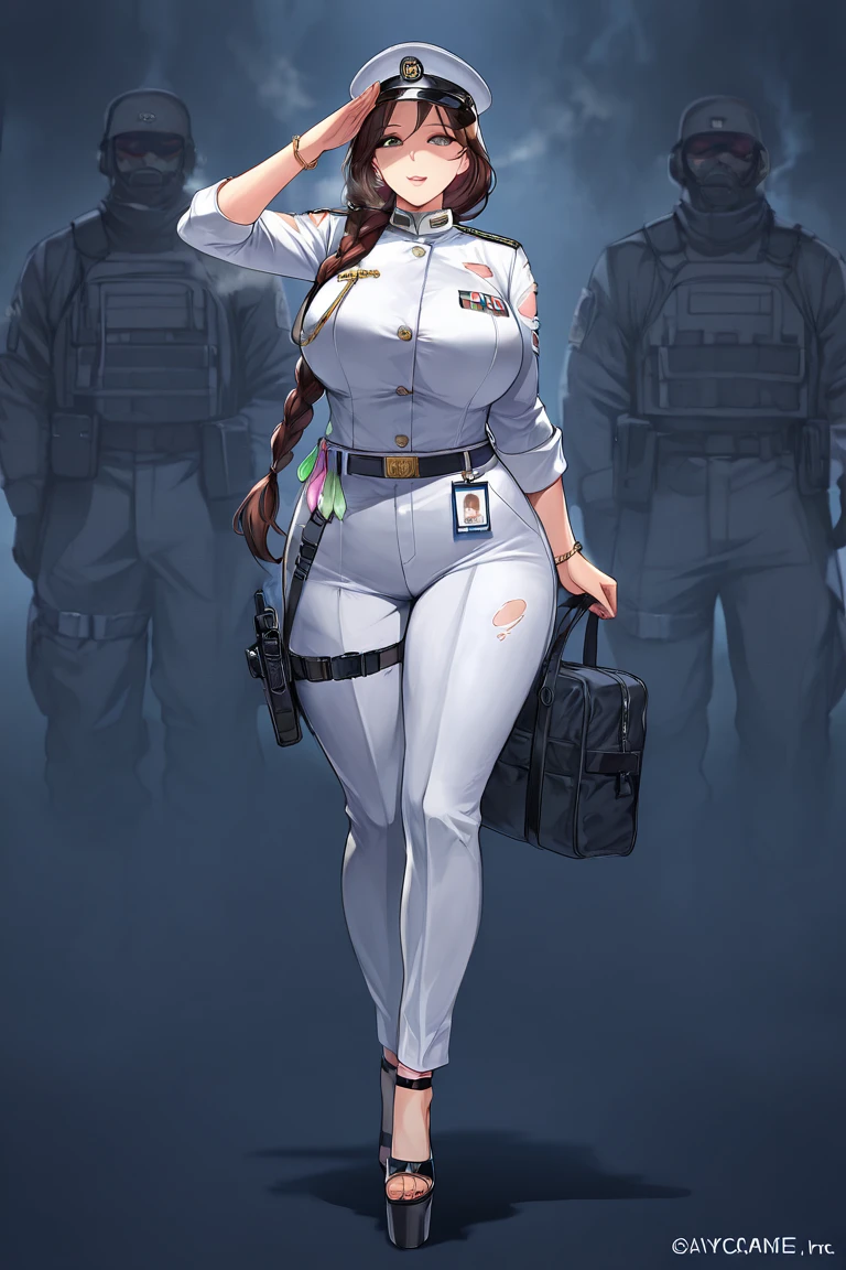 (ghostbuster uniform:1.2), proton pack, haqua d'rot herminium, skull hair ornament, chained choker, pants, khaki pilot suit, wide hips, small breast, white pupils, sitting, purple hair, red eyes, blush, <lora:Haqua V4:0.6>, <lora:Ghostbuster Uniform V4:0.6>