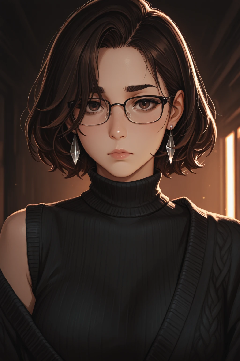a 22 year old attractive slim student girl, a small breasted slender figure, wearing a conservative black dress which covers her body, wears glasses, beautiful face, doe-eyes, brown hair, green eyes, miniature nose, soft lighting, high quality, 8k, ultra-detailed, realistic, photorealistic, physically-based rendering, extreme detail, professional, vivid colors, bokeh, portrait