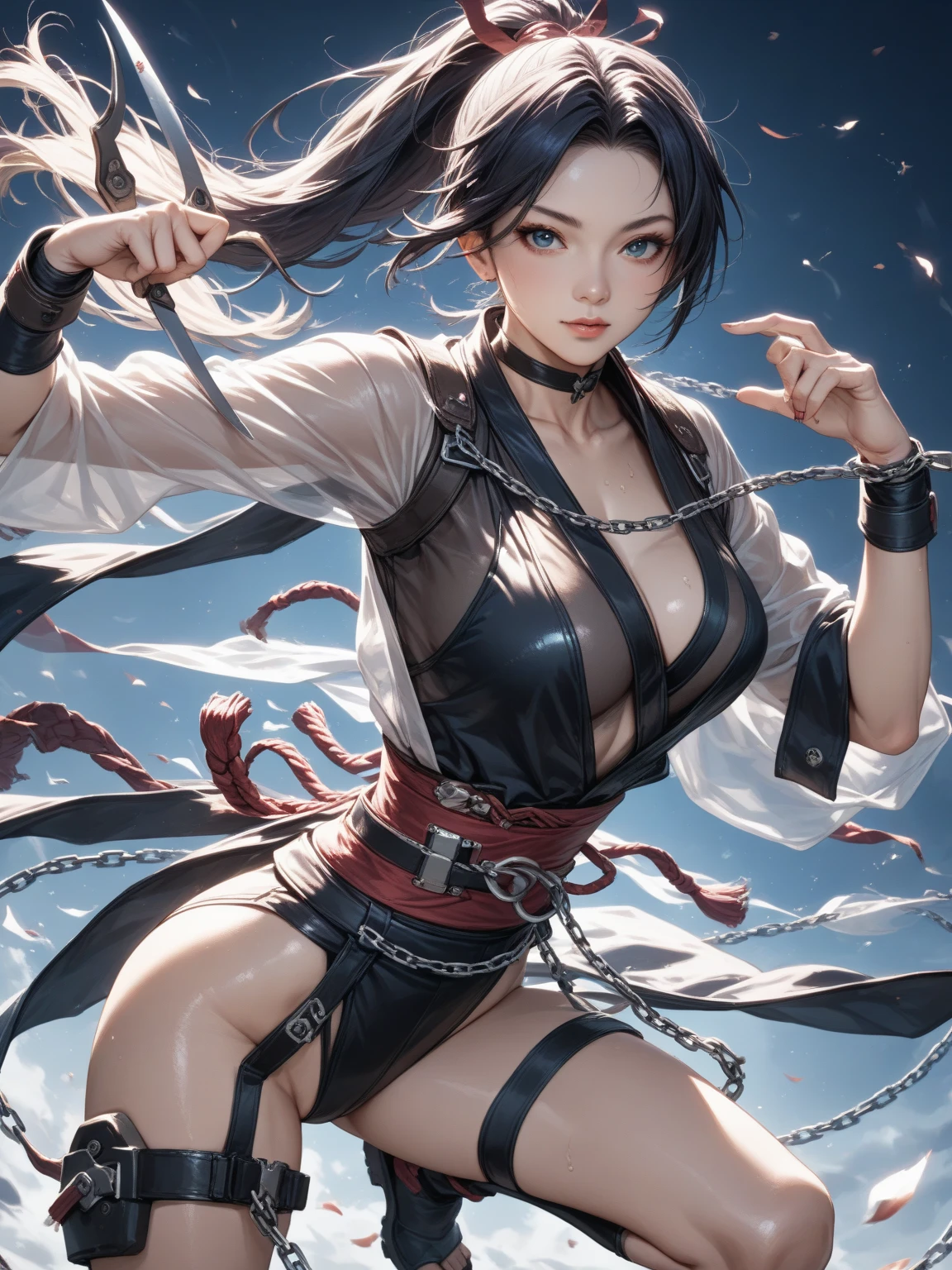 (shibari, arms behind back:1.4), (hands on back), (masterpiece, best quality) 1.5, 1girl, solo, (sexy, beautiful woman, perfect face, perfect eyes), tifa lockhart, black leather dress, sneakers, (reddish brown eyes, black hair, long hair), (shibari, arms behind back:1.4), (hands behind back)