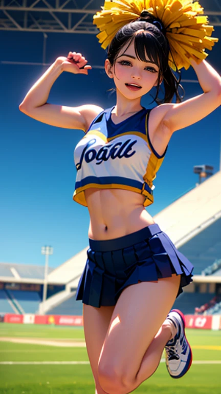 Beautiful girl, slim fit body, very long ponytail black hair , crop top mini skirt , pink lips , blushed cheeks, cheerleader