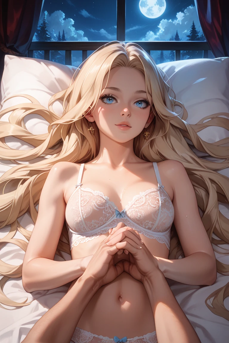 Stars shine, Starlight from my foal, The stars shine like maidens, Long hair, Luxurious hair, Exuberant hair, Lie down in bed, Large of breast, Bulky breasts, crisp breasts, Lingerie, nakeness, In the bra, dental floss, spread their legs, white under lingerie
