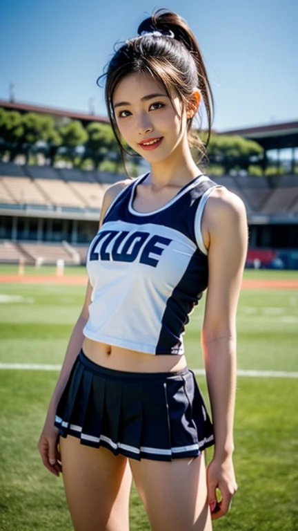 A beautiful Japanese girl、(Cheerleading Costumes),dance、(White skin)、Baseball stadium stands,Large Breasts、Separated chest、Bob Hair、smile、whole body、Thighs、bangini skirt、Cleavage