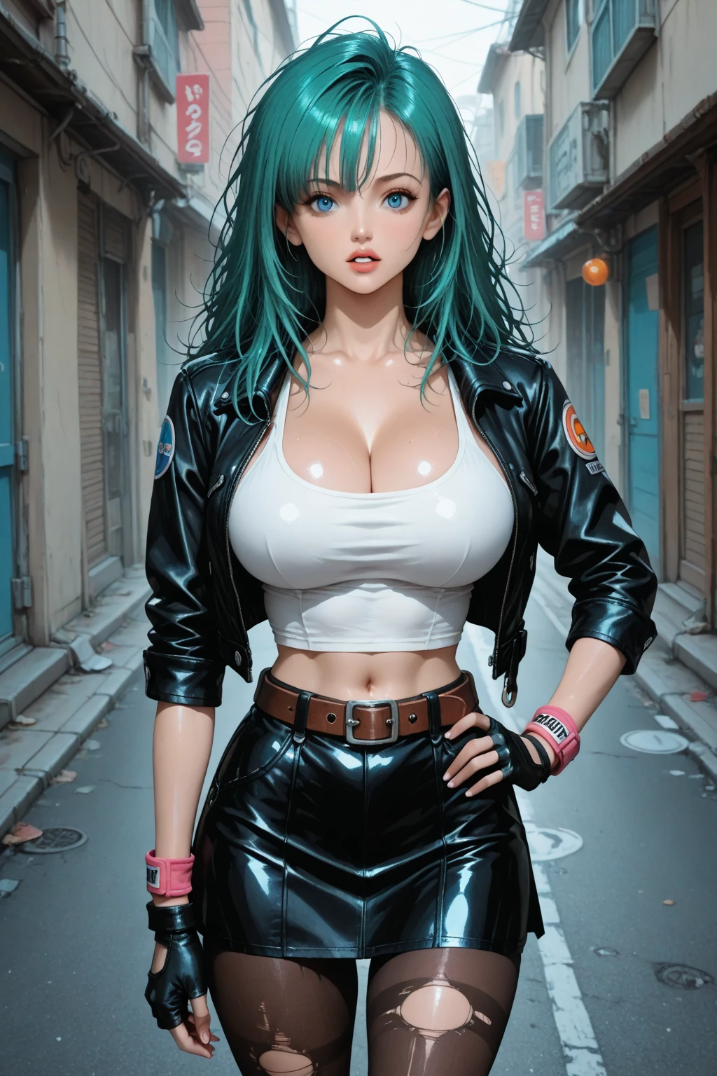 sfw, cool cyber idol、whole body、good style、(hands behind back), (perfect hands)、white shorts、thick legs、Fluorescent Green Hair、cybertruck jacket, wearing bra,((skinny waist)), young asian girl, ((big breasted)),