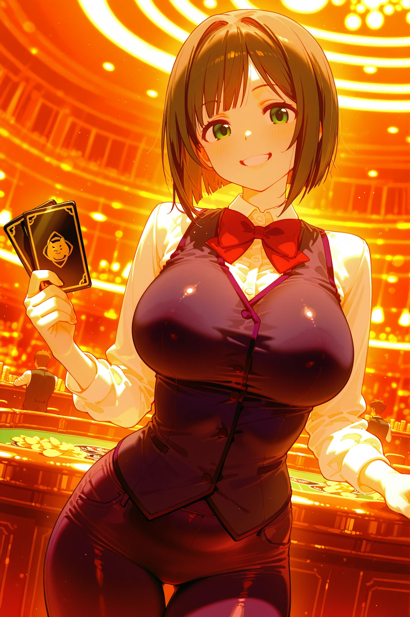 (best quality:1.5, highres, UHD, 4K, detailed lighting, shaders), brown ponytail, busty, leotard, cleavage, pantyhose, bowtie, smiling, (pov), casino background
