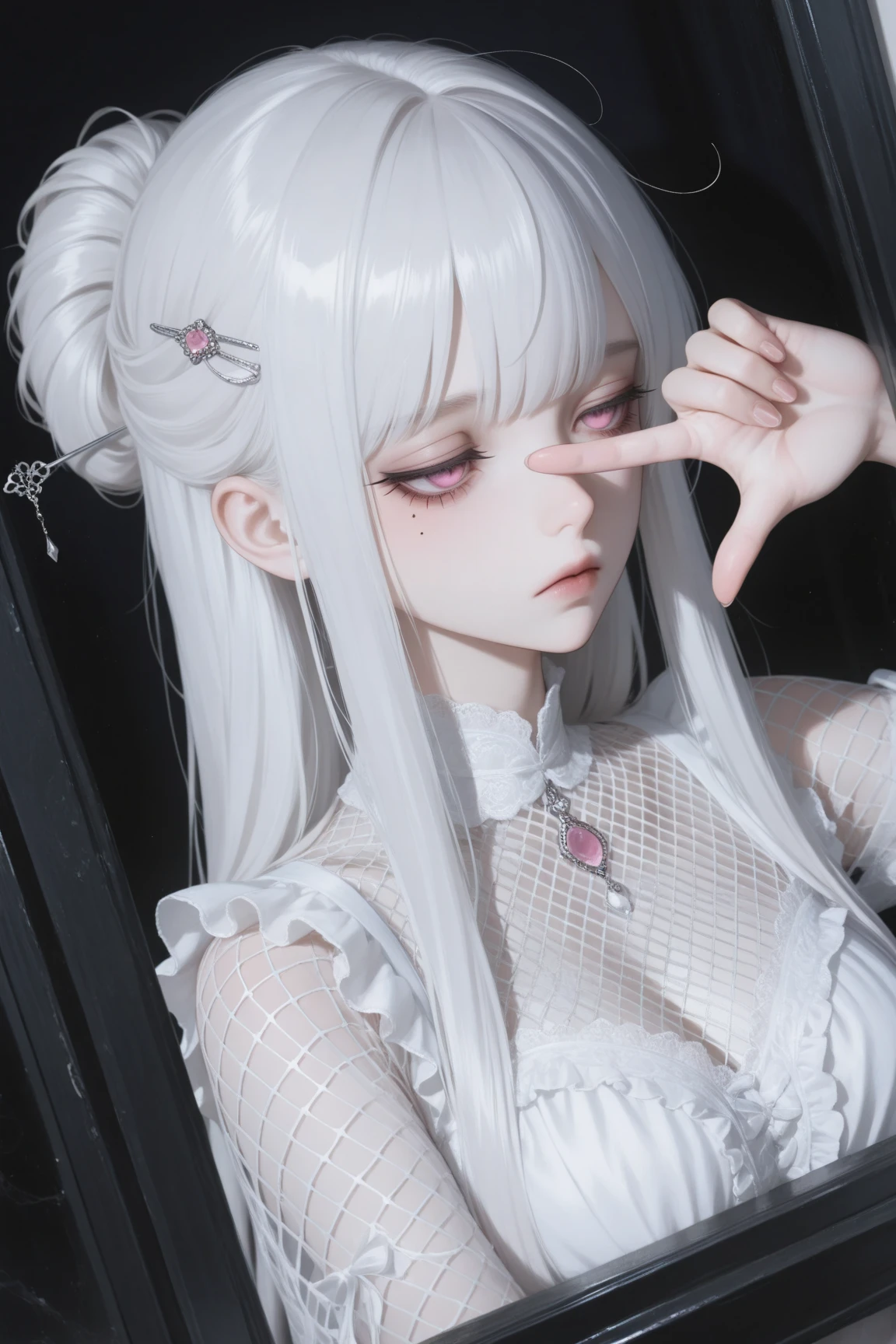 There is a woman with long hair and gloves sitting in a chair, twintails branco_Luvas, Pose elegante e bonito, inspirado em Sim Sa-jeong, anime estilo 3d, anime altamente detalhado, lacey accessories, ( ( Olhos negros profundos ) ), corpo inteiro altamente detalhado, estilo sensual sombrio, an elegant gothic princess, elegante pose de glamour