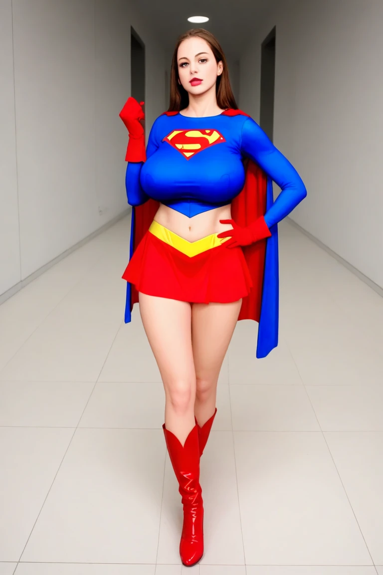 masterpiece、A short-haired supergirl who puts her hands on her hips and puffs out her chest.、big and full breasts、look at the camera、shiny costume、red mini skirt、long sleeve、Enamel Long Boots、combat readiness, ((thick thighs:1.3)