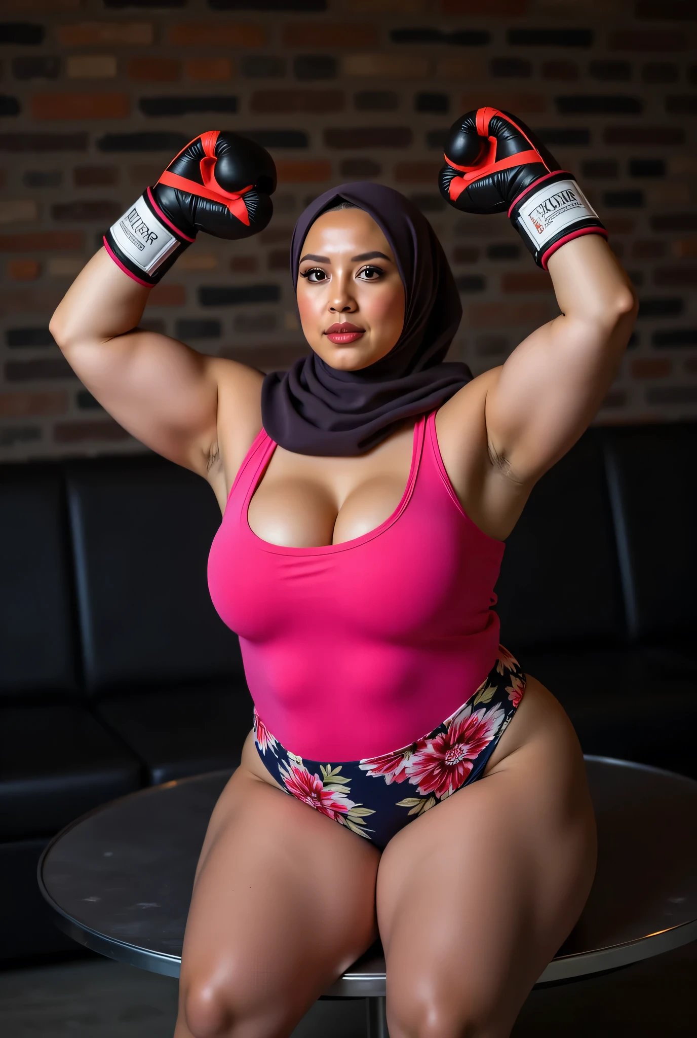 (angry face expression:1.5), (The stitching is very neat), very Wearing Hijab perfectly , wearing Scoop Neck Sleeveless bright pink Bodysuits G-String Thongs flora print' singlet swimsuit , (KEDUA BELAH TANGAN DI ANGKAT LURUS KE ARAH ATAS SAMBIL MEMAKAI BOXING GLOVES) PLEASE DON'T PUT ANYTHING ROPE!!!
BBW HIJAB INDO MALAY Jumbo (Singlet ), 1 girl, MOODY FACE EXPRESSION , Half body portrait, (face details: 1), (Eye details: 1), ((Big breasts)). Cute posed. proportional body. ultra high res. realistic: 1.4, UHD, ((bigger:2.3)), (((dark background))), Background worn old brick wall , arms Bodybuilder Auntie, Sitting on a round table stainless steel.