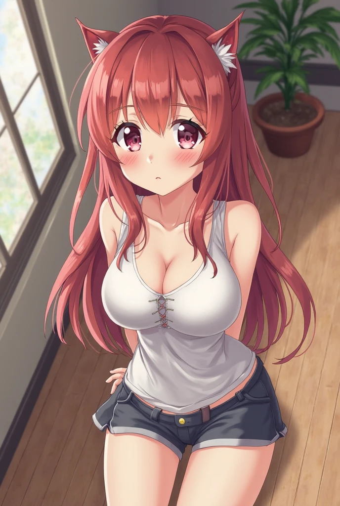 masterpiece, best quality, realistic anime art, front light,solo, wearing only oversize white shirt, (shoulder slip:1.2),large breasts ,dark red hair ,short sleeves, thighs,yellow eyes , sakurauchi riko love live , standing , arms behind back, smile, black bra straps,head tilt, looking at viewer , simple pink background