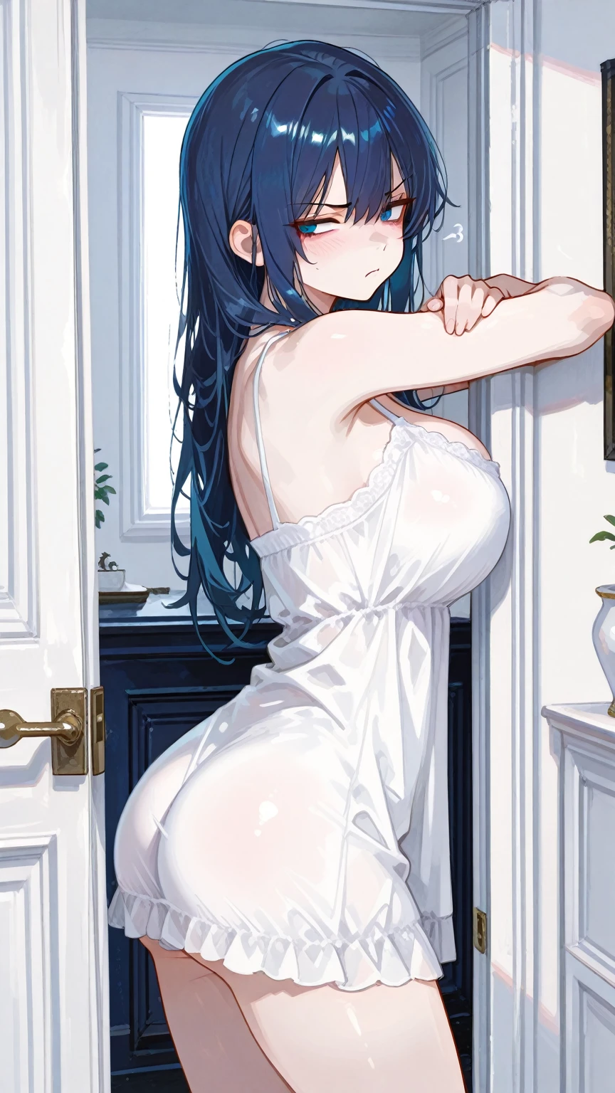 top quality、Top image quality、masterpiece、girl((Cute little、18 years old、Best Bust、Medium bust、Bust 85,Beautiful blue eyes、Breasts wide open,(Mature female , Large Breasts,Breast sagging、cleveage, Clive Arch、Thick thighs, Wide hips, Curvy beauty, Perfect body，)Black hair ponytail、Slim、Blue Hair Net、Beautiful white dress、White skirt、playing violin)）high quality、beautiful art、background((Big White Room、White lighting,White curtains fluttering in the wind)),on the table、Well-designed、visual art、Depth of Field、Optimal lighting、Most detailed、8ｋ