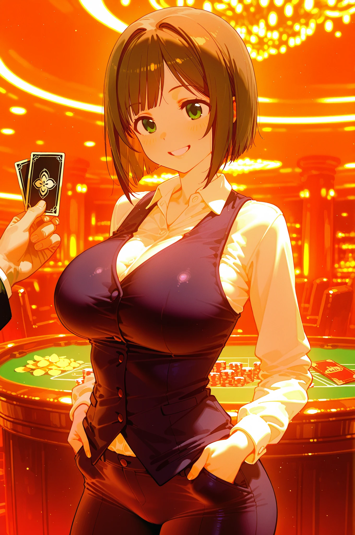 masterpiece, (intricate details), (colorful),cinematic lighting, extremely detailed CG unity 8k wallpaper,temari\(boruto\), 1girl,solo, large breasts, big breasts, huge breasts, smiling, big ass, huge ass, casino, roulette wheel, sparkly dress, glitter dress, white lace dress, cleavage, giant breasts, playing slot machine, nice casino background, full frame, diamond earrings, necklace , side slit, bare shoulders, posing for camera