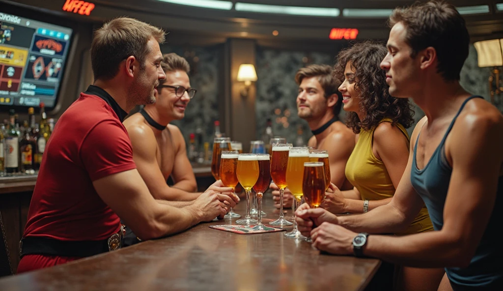 A handsome sexy young man pouring himself a beer in a cowboy bar shirtless with a nice gay ass shows off another 2 men approach him and touch his ass