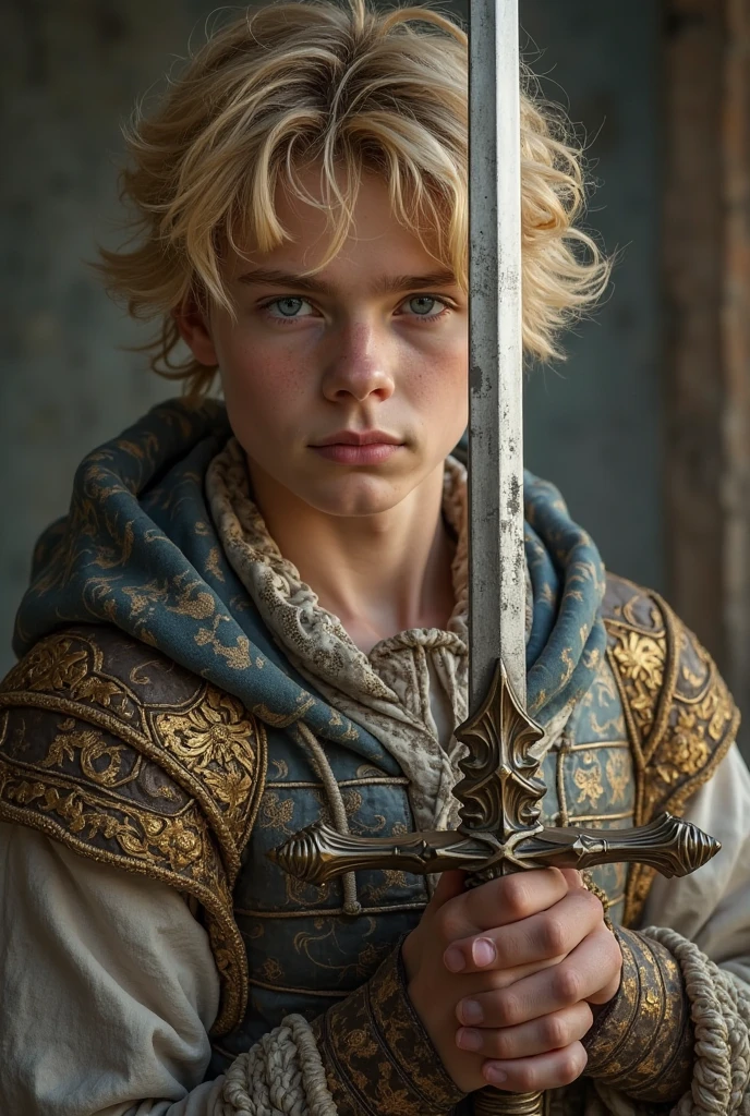 Create an image of a Targaryen boy in red period clothing with white hair and deep purple eyes and a serious demeanor and a sword with rubies