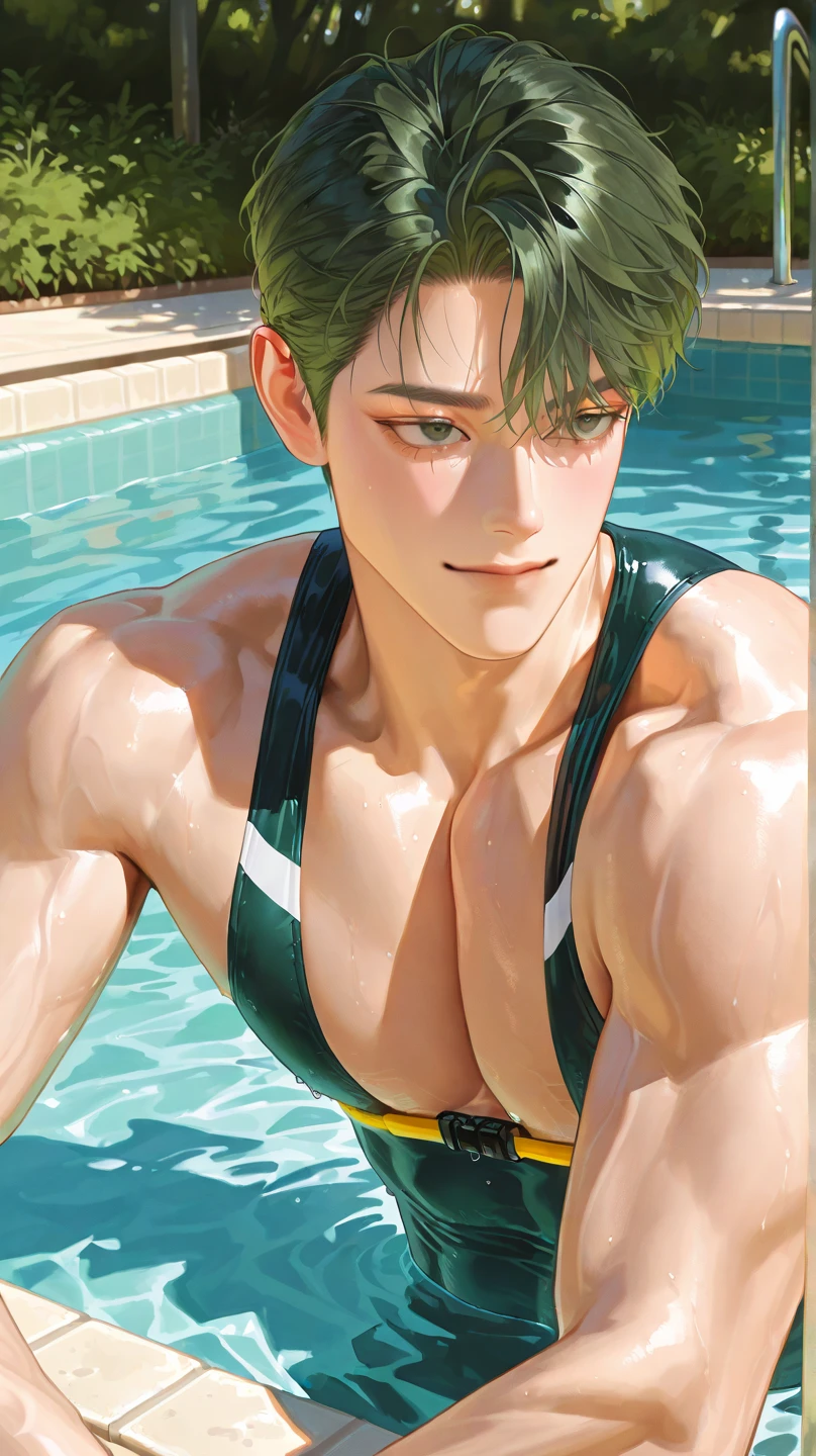 1boy, ((bara:1.5)), sport body, sexy, spread legs, detailed face, detailed hands, detailed legs, detailed fingers, detailed hair, detailed eyes, detailed skin, dynamic lighting, (detailed lighting:1.2), (detailed textures:1.3), (realistic lighting:1.2), realistic shadows, realistic skin, (photorealistic:1.4), 8k uhd, (hyper realistic), (photo realistic), (masterpiece), (best quality), body paint, small tiny g-string, bare chest, flat chest, bare shoulders, small bulge, underwater, wide angle, swimming, athletic body, male, iridescent skin, perfect eyes, messy green hair , bio-luminescent