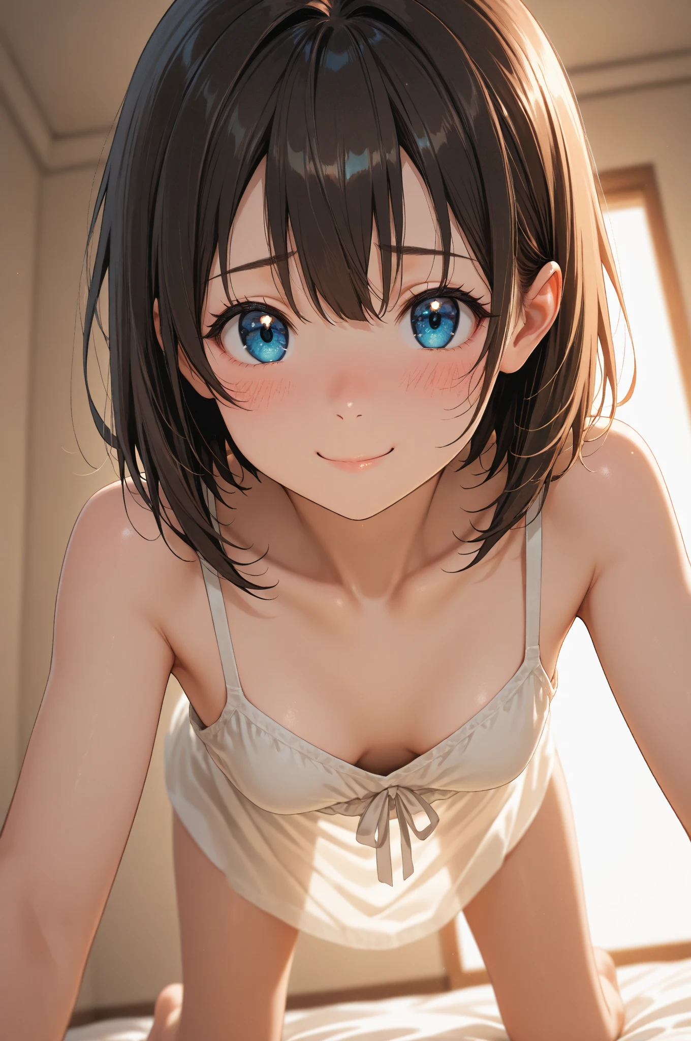 ((Top Quality)), ((Excellent)), (Detailed),((Japanese)),, black hair,(childish face), ((straight hair)), shiny hair, girl,((moderate chest)), ((blue eyes)), (half-smile), ultra-realistic, 32k, highly detailed CG unity 8k wallpaper,((overhead shot)), from above, ((crawling on hands and knees)), ((extreme close-up)),((highlighting cleavage)), ((satin pajamas)), top quality, indirect lighting, solo, straight hair, blunt bangs, bedroom, 1 girl, black ribbon, stunning environment, vibrant colors,((extreme close-up)),((crawling position)),