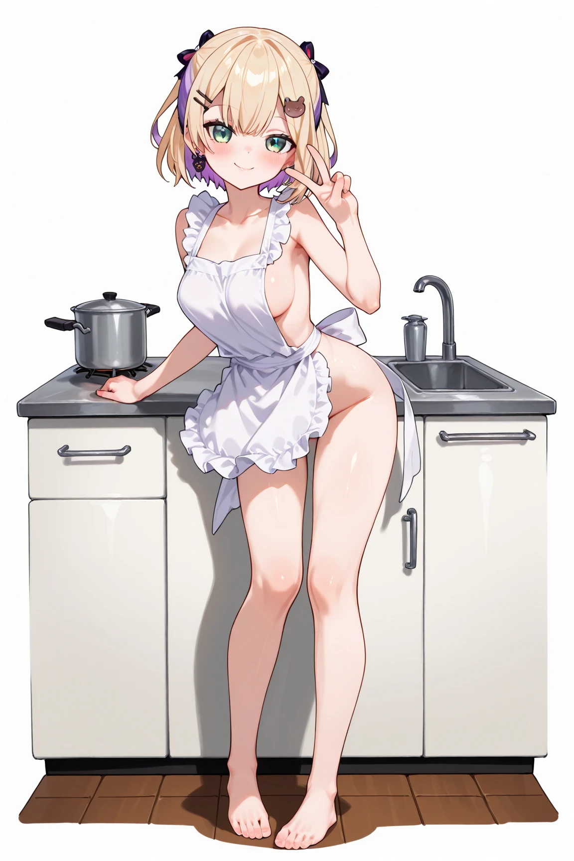 ((((masterpiece, best quality, high resolution)))), Extremely detailed 8K, Beautiful girl with slender body, (Ultra HD, Ultra-detailed, Highly detailed, Highly realistic, Ultra-realistic, photograph realistic), (1girl:1.5), (Realistic white hair), short wavy hair, bob cut, (dynamic poses), facing at camera, light smile, parted lips, (purple eyes: 1.5), (large breasts: 1.2), (beautiful detailed face, beautiful detailed eyes), (white naked apron, kitchen, arms behind back), , wet clothes, transparent clothes, viewed_from_behind, visible back, butt_cheeks, (creampie:1.2), (cum dripping on thighs), (nsfw:1.5)